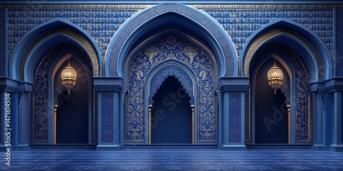 A blue archway with a golden lamp hanging from it