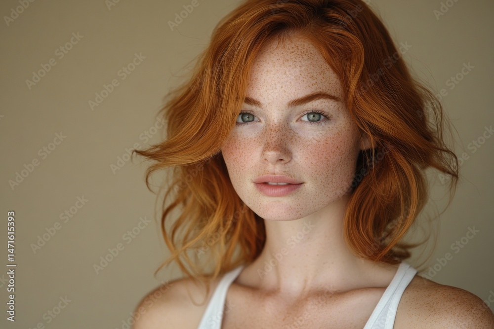 Naklejka premium A woman with red hair and freckles is standing in front of a white wall