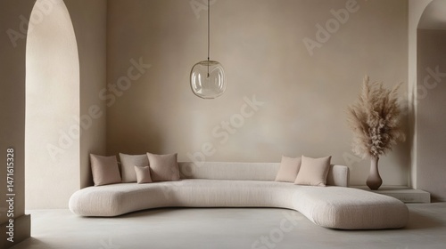 Loft home interior design of modern living room. beige sofa with terra cotta pillows against arched window near stucco wall with copy space.
 photo