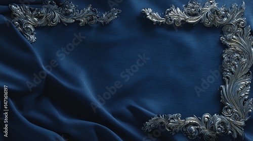 Ornate silver frame on draped dark blue velvet fabric background.