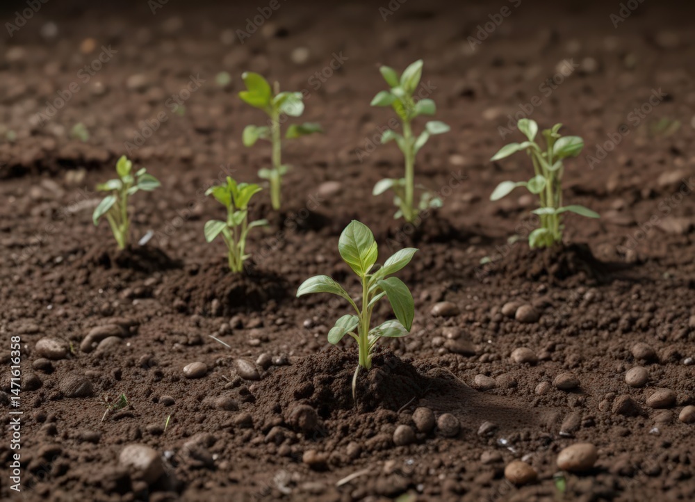 Multiple bean seedlings in soil, different growth phases, texture, stages Multiple bean seedlings in soil, different growth phases, texture, stages