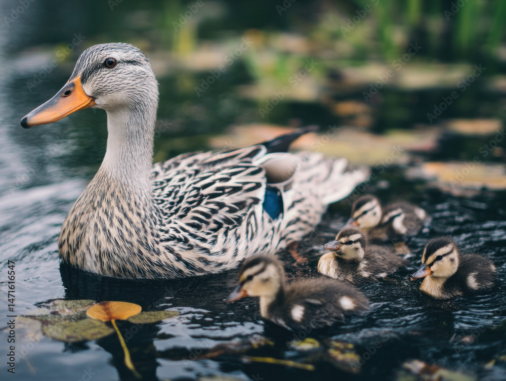 Fototapeta premium duck family on a lake