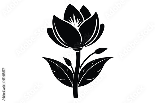 A minimalistic black flower blossom with leaves conveys elegant simplicity and natural beauty