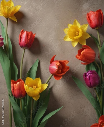 Close-up of vibrant tulips and daffodils bursting into bloom against a textured paper backdrop , floral, macro photography, blossom