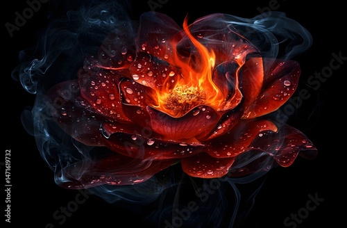 Fiery flower engulfed in smoke and water droplets.
