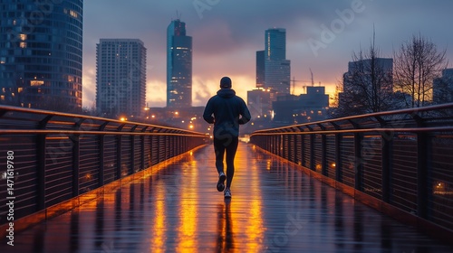 Runner Jogging on Illuminated City Bridge at Dawn with Urban Skyline and Modern High-Rise Buildings, Inspirational Morning Workout Scene, Fitness, Motivation and Healthy Lifestyle Background Image