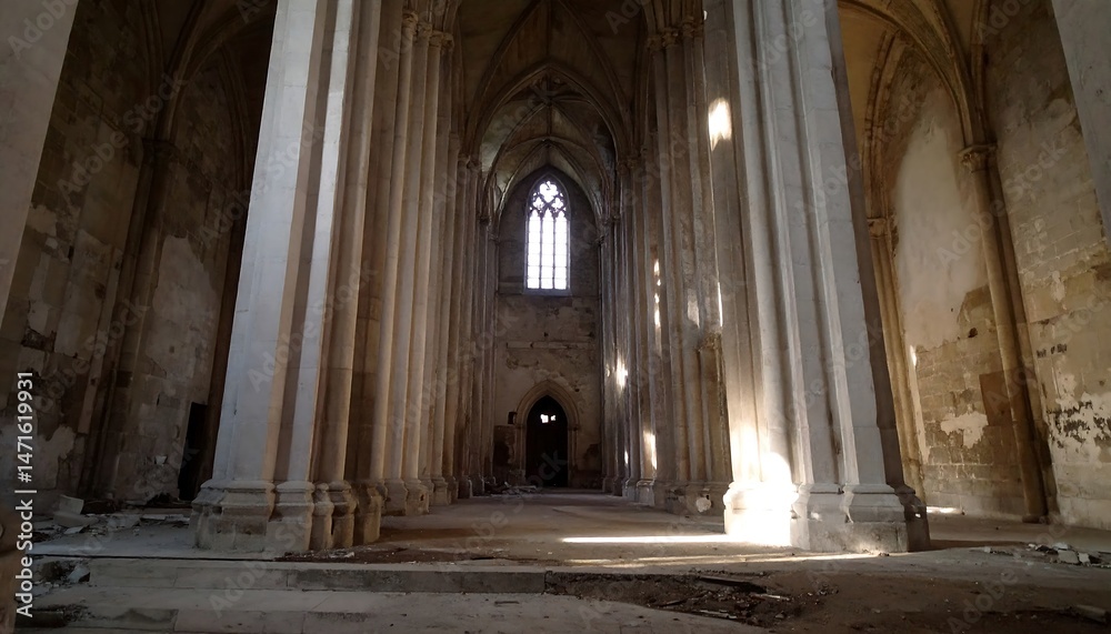 Obraz premium Sunlit Interior of a Ruined Stone Church