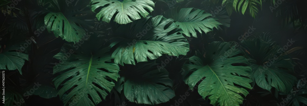 Fototapeta premium Deep green, exotic leaf layers forming a shadowy, mysterious tropical design , wallpaper, overlap, elegant
