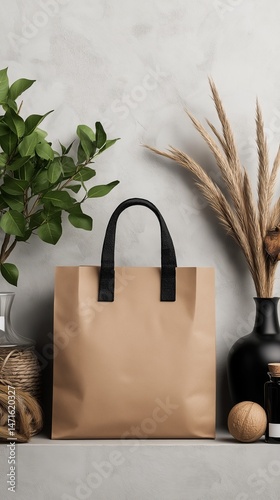 Brown Eco Paper Bag with Black Textile Handles on Minimalist Shelf Decorated with Natural Greenery and Dried Plants in Stylish Interior, Recyclable Packaging Mockup for Branding, Sustainable Product