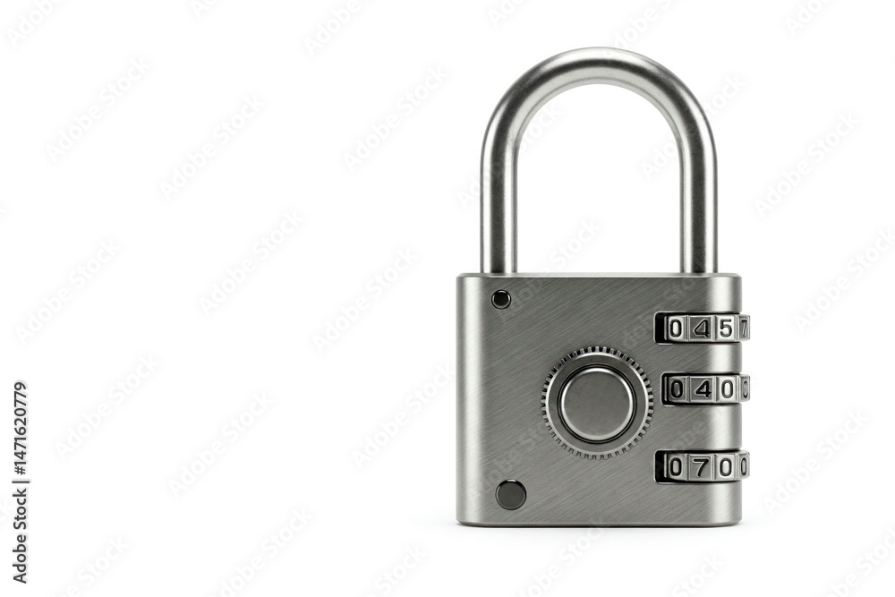A combination lock made of steel on a white background. Space for text. A combination lock made of steel on a white background. Space for text.