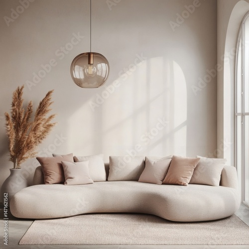 Loft home interior design of modern living room. beige sofa with terra cotta pillows against arched window near stucco wall with copy space.
 photo