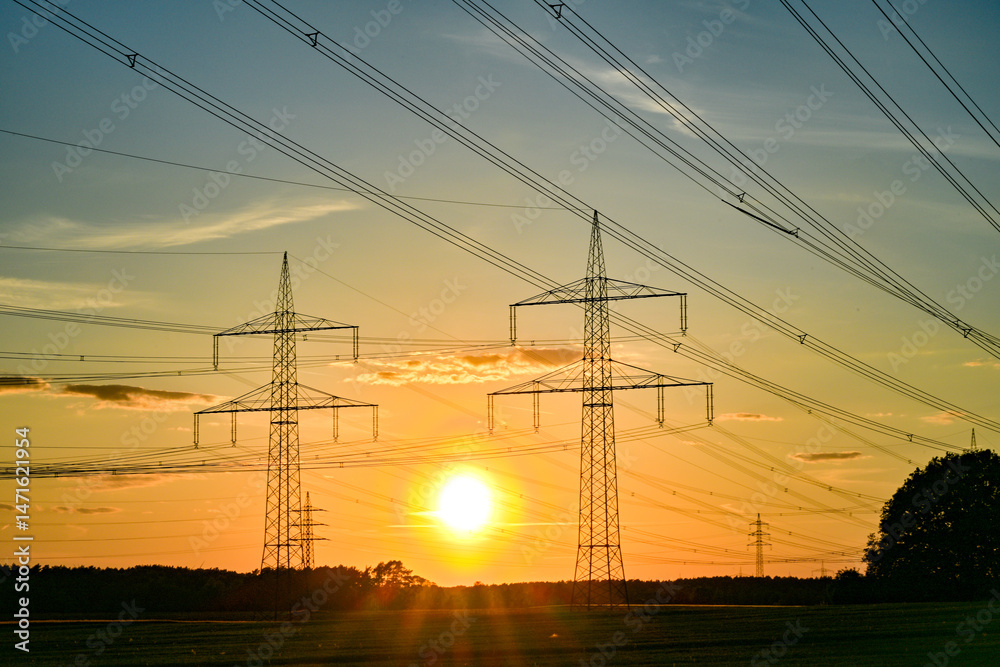 Fototapeta premium Power poles in spring, sunset, in the field and on the meadow, Brandenburg, Germany