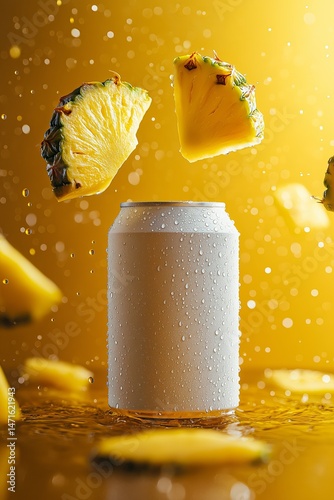Refreshing blank drink can with water droplets, flying pineapple slices in splash motion on bright yellow background, tropical citrus beverage concept with vivid summer fruit and vibrant composition