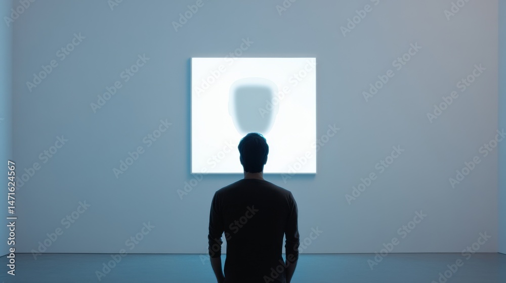 Obraz premium Person in dark attire observing abstract light display, minimalist space emphasizing creativity and contemplation, room for text.