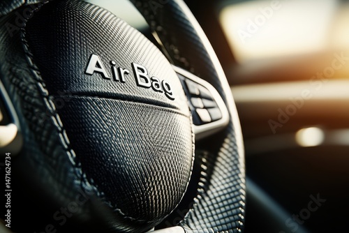 Close-up of a car steering wheel with an air bag label