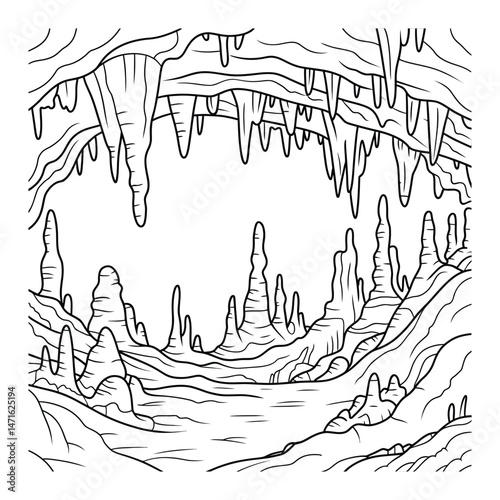 Stalactite and stalagmite in a cave Coloring Page, Silhouette, Vector, Illustration, Icon, Logo, White Background.