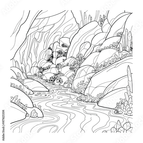 Underground river in a cavern Coloring Page, Silhouette, Vector, Illustration, Icon, Logo, White Background.