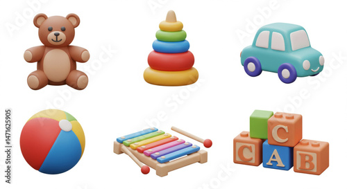 Assorted Children's Toys 3D Render | Cute and Colorful Teddy Bear, Stacking Rings, Toy Car, Ball, Xylophone, Blocks for Educational Content and Playtime Illustrations