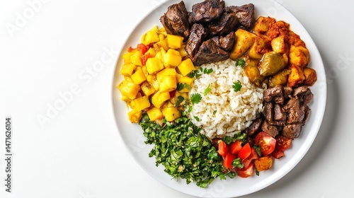 Colorful plate of flavorful curry, rice, and vegetables