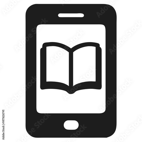 Simple black smartphone silhouette with open book displaying digital literacy concept
