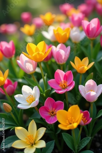 Colorful creeper with spring flowers blooming in vibrant shades of pink, yellow, and white, foliage, vine, vibrant
