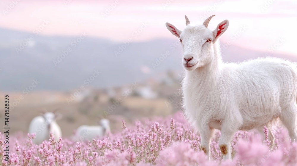 White Goat Standing in a Field of Purple Flowers at Sunset goat field flowers standing white purple White Goat Standing in a Field of Purple Flowers at Sunset goat field flowers standing white purple