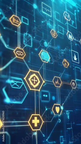 Abstract medical technology network connecting health symbols, healthcare system with digital icons on a blue background