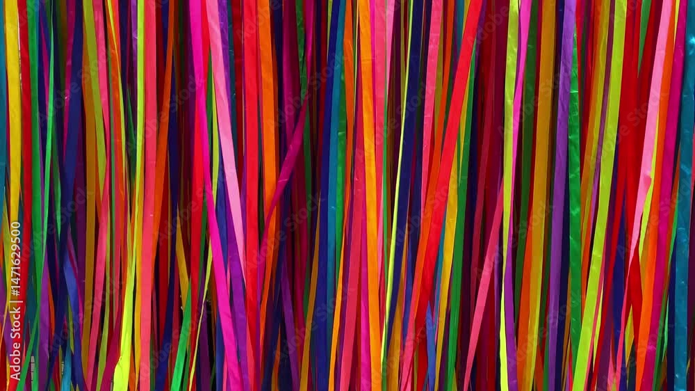 Many colorful ribbons flutering  in wind. Mulicolored background. Party or festival concept. Summer background.