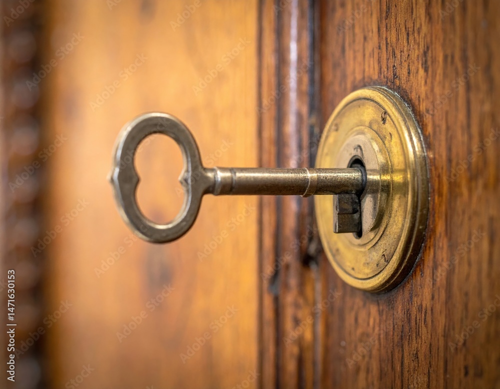 Obraz premium Vintage brass key in keyhole on wooden door