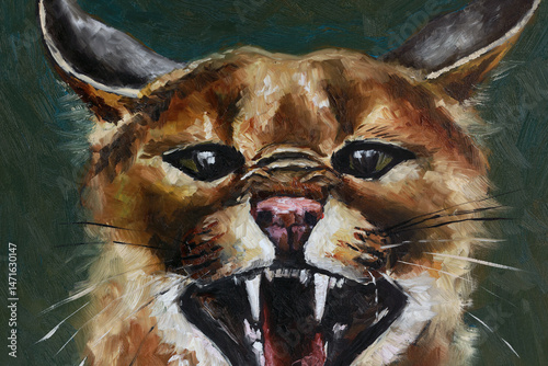 Aggressive Caracal Cat Oil Painting with Open Mouth and Fangs