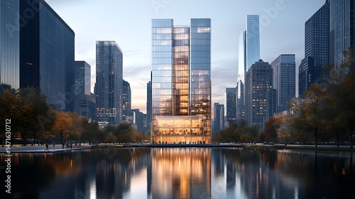 Modern skyscraper in a city park setting