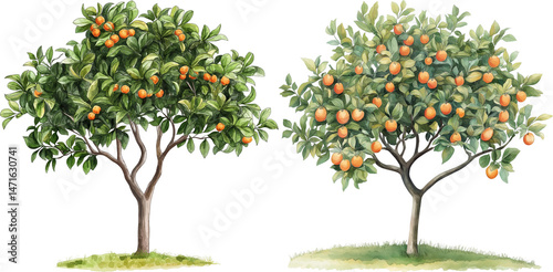 Watercolor Apricot Trees with Lush Orange Fruits