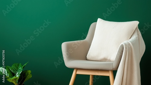 Handstitched Concept, Cozy Handstitched Throw Blanket Draped Over Modern Chair in Contemporary Interior with Green Wall