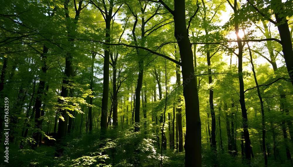 Obraz premium Buchenwald im Nationalpark Hainich mit Sonnenstrahlen