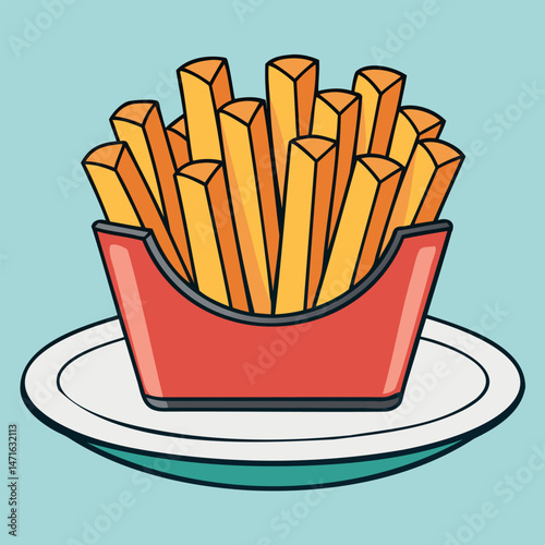 Appetizing, crispy French fries in a paper bag on a plate