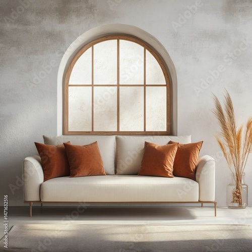 Loft home interior design of modern living room. beige sofa with terra cotta pillows against arched window near stucco wall with copy space.
 photo