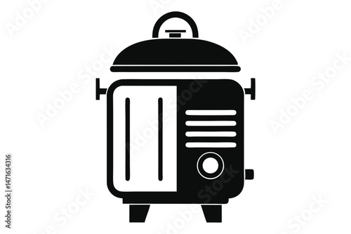 A stylized black container featuring handles and ventilation elements stands centered against a plain white background