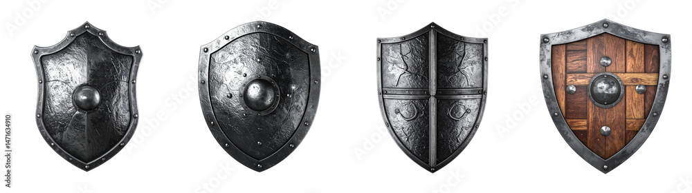 Fototapeta premium Collection of Medieval Metal and Wooden Shields Isolated on Transparent Background