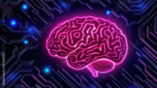 Digital brain on circuit board.  Neon glow
