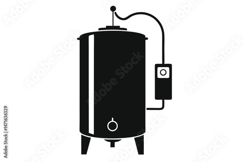 Black silhouette displays a water tank with attached tubing and a control panel, clearly presented