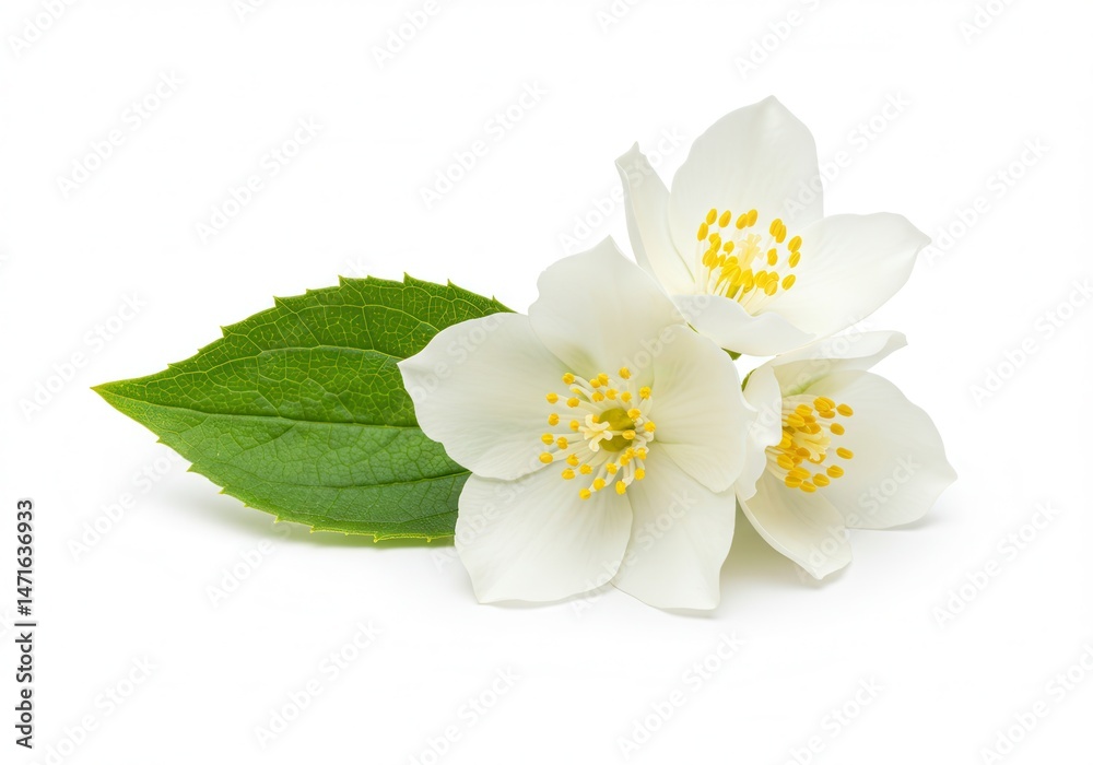 Obraz premium Close-up of three jasmine flowers with a green leaf on a white background showing the delicate petals and yellow centers