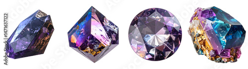 Collection of Isolated Amethyst Crystals Precious Gemstones on Transparent Background