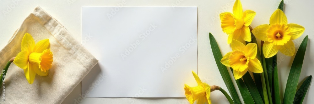 Easter daffodil arrangement, linen napkin, blank card, napkin, narcissus, topview Easter daffodil arrangement, linen napkin, blank card, napkin, narcissus, topview