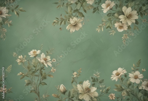 Subtle floral grunge on muted green, distressed vintage aesthetic, photo, photography