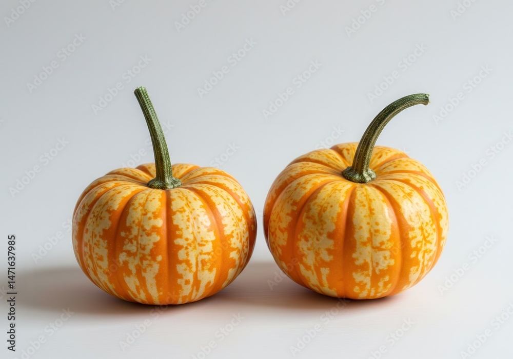 Obraz premium Two small tiger striped pumpkins with green stems sit side by side on a white surface