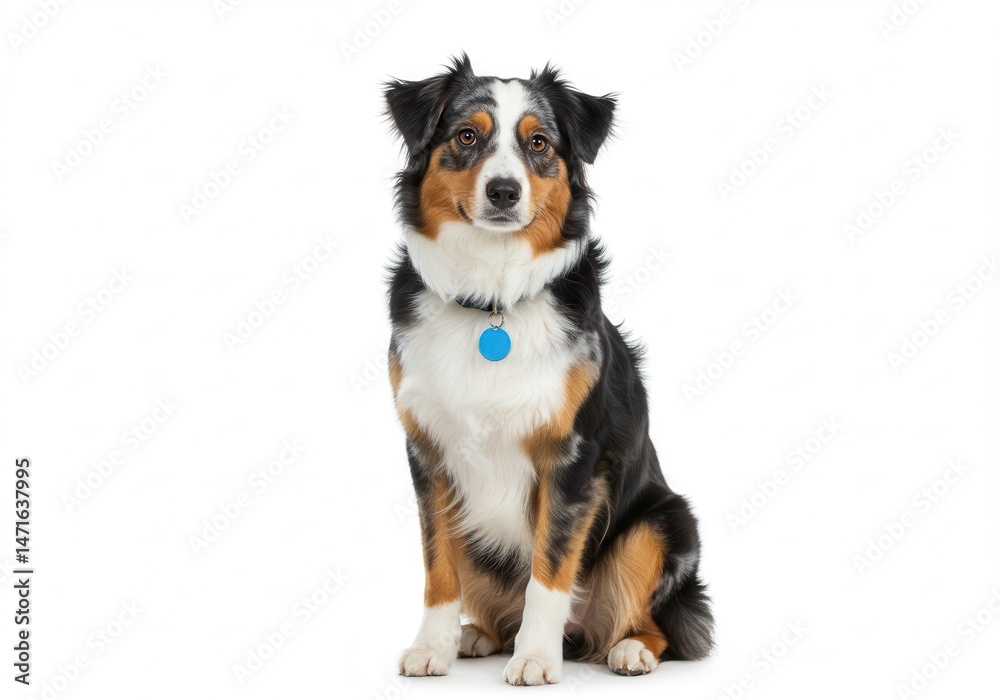 Obraz premium Australian shepherd dog sitting attentively on a white background wearing a blue identification tag