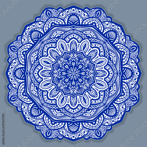 Vector abstract circular mandala design decorative element ethnic style. Blue line and white area for coloring. Shadow around of mandala. Arab, Islam, Indian, Chinese. Yoga illustration.