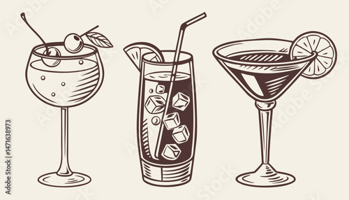 Hand-drawn collection of cocktails and drinks in various glass styles. Vintage ink sketch vector illustrations of classic alcoholic beverages.       