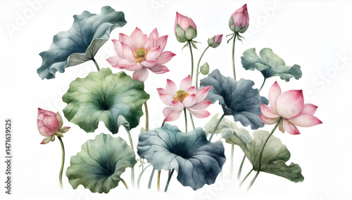set of watercolor flowers. Lotus flowers in watercolor style. Pink flowers and buds. Close-up of a lotus on a white background. Water lilies