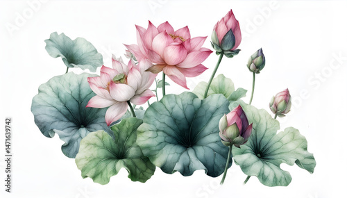 watercolor flowers watercolor painting. Lotus flowers in watercolor style. Pink flowers and buds. Close-up of a lotus on a white background. Water lilies